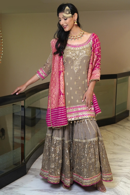 Taupe Georgette Embroidered Sharara Suit