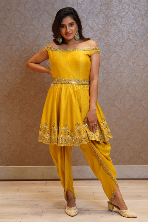 Mustard Raw Silk Designer Dhoti Suit with Mirror Work