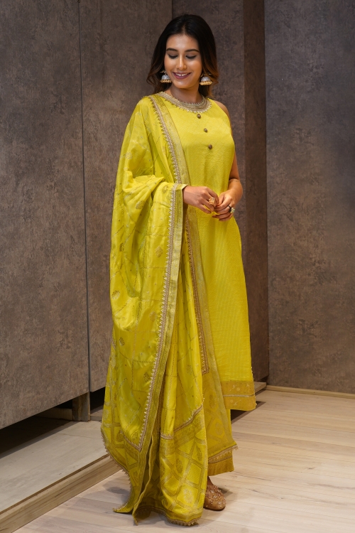 Lime Green Cotton Silk Palazzo Suit with Lace