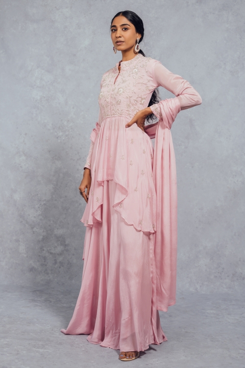 Pink Chiffon Georgette Bead Worked Lehenga Suit