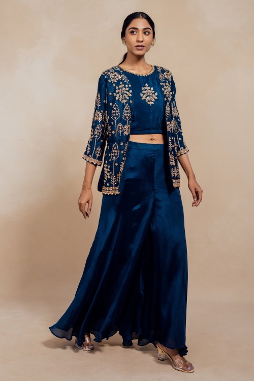 Rama Blue Chiffon Georgette Crop Top Palazzo Suit with Jacket
