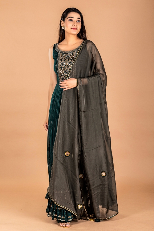 Green Georgette Palazzo Suit with Embroidery