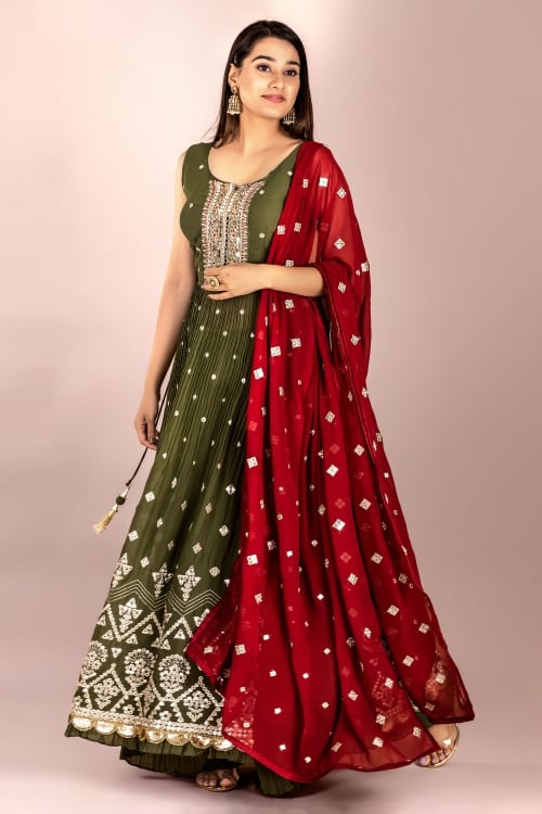 Army Green Palazzo Suit in Georgette with Hand Work and Embroidery