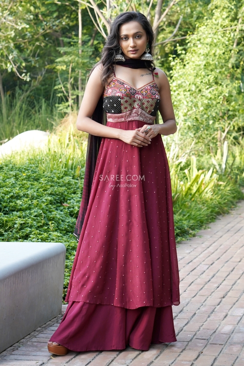 Maroon Anarkali Palazzo Suit in Chiffon Georgette with Weave Bodice