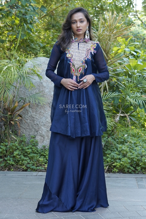 Blue Chiffon Silk Palazzo Suit with Thread and Sequins Patch Work On Neckline