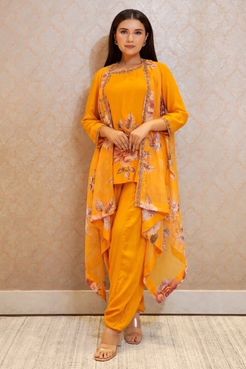 Orange Cotton Silk Floral Printed Dhoti Suit with Jacket