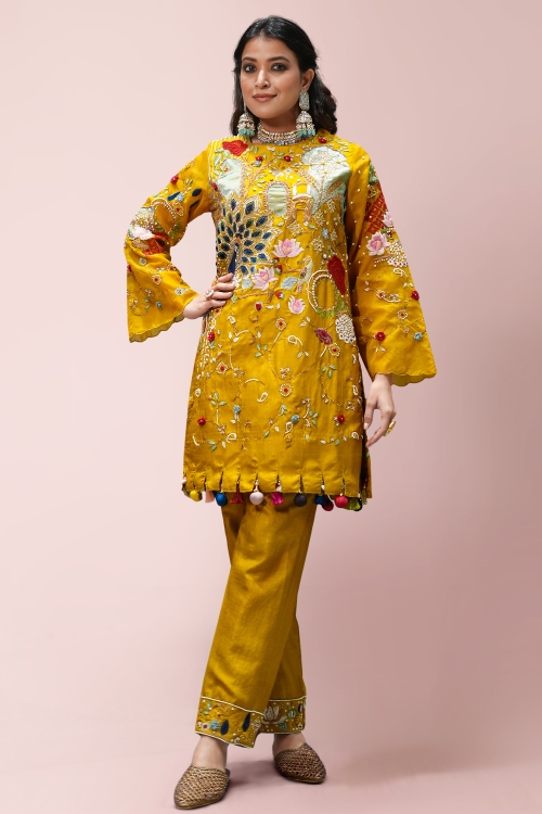 Yellow Heavy Work Suit in Organza with Pearl Work