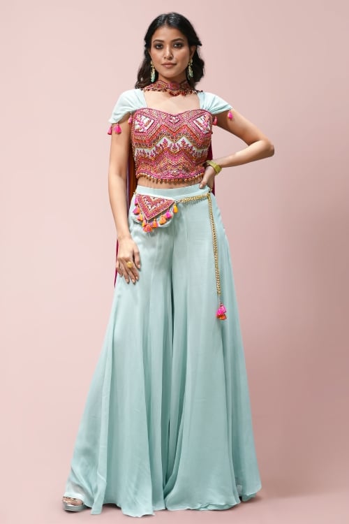 Light Blue Embroidery and Cutdana Work Crop Top Palazzo Set in Georgette with Tassels