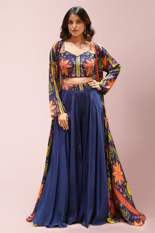 Blue Crop Top Palazzo Set in Satin with Floral Printed Long Jacket