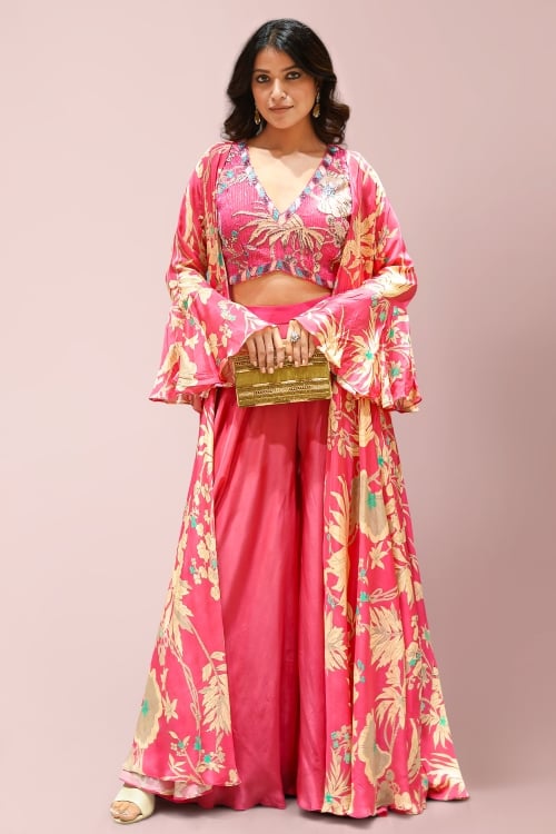 Pink V Neckline Crop Top Palazzo Set in Satin with Floral Printed Long Jacket