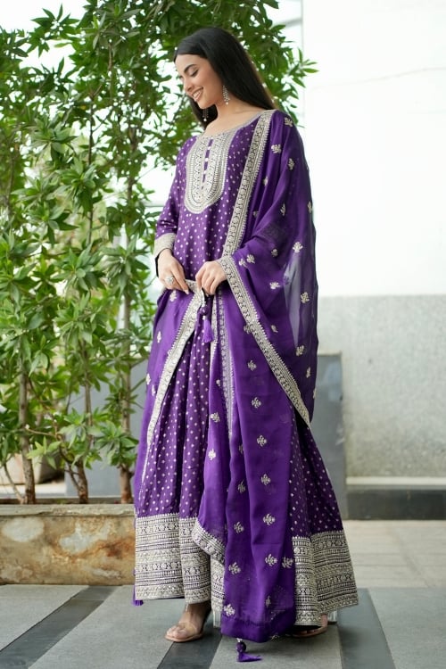 Purple Silk Sequinned Anarkali Suit
