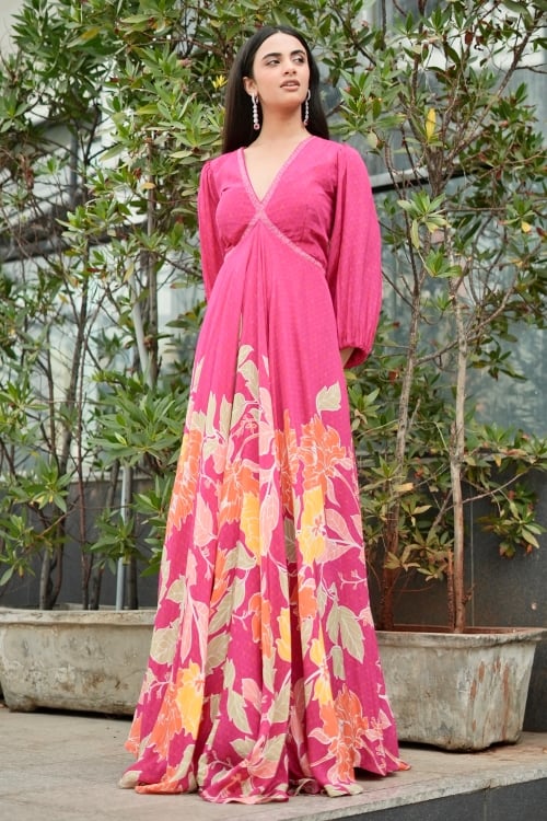 Pink Crepe Floral Printed Anarkali Gown with Cutdana V Neckline