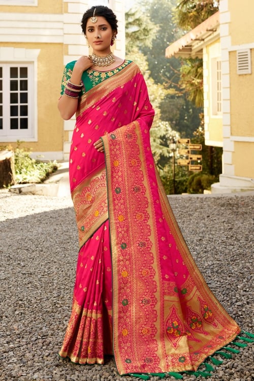 Rani Pink Banarasi Silk Traditional Saree with Golden Woven Border and Pallu