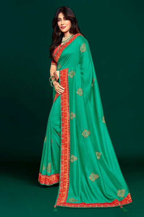 Chitrangada Singh Teal Green Art Silk Embroidered Butta Saree with Red Woven Border