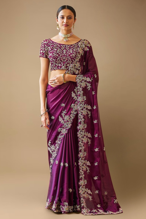 Sangria Purple Colored Saree in Organza with Embroidered Border and Buttis