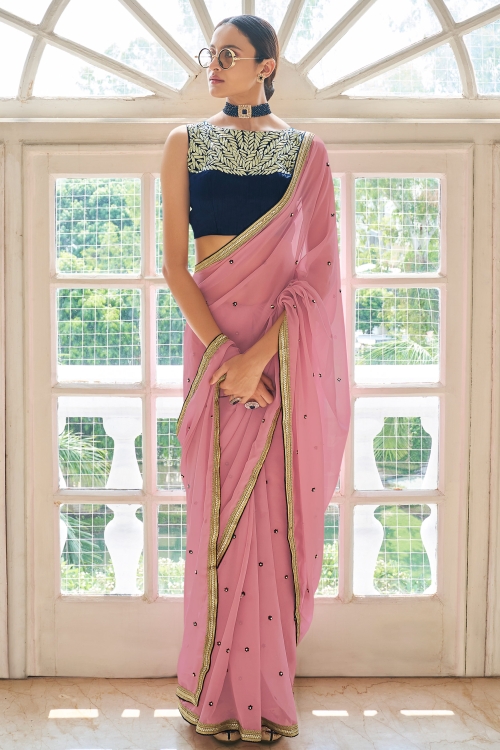 Pink Georgette Embroidered Butti Saree