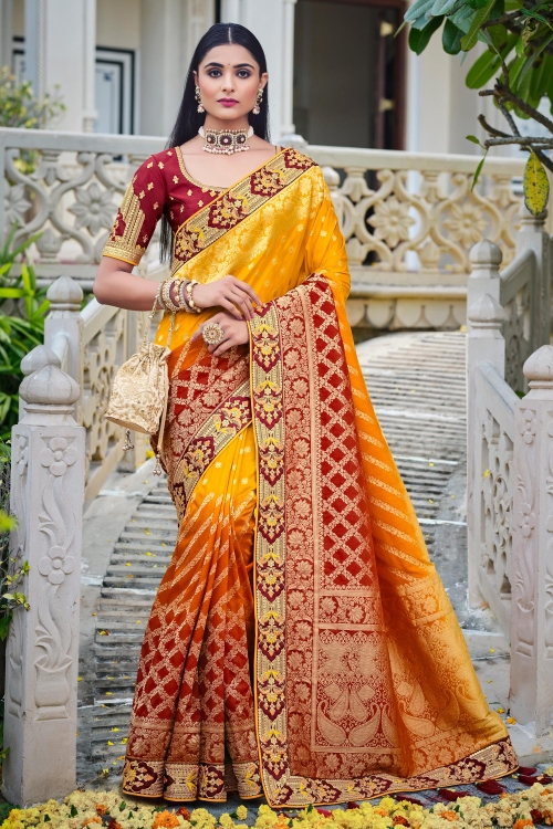 Yellow and Multi Colored Banarasi Silk Woven Saree