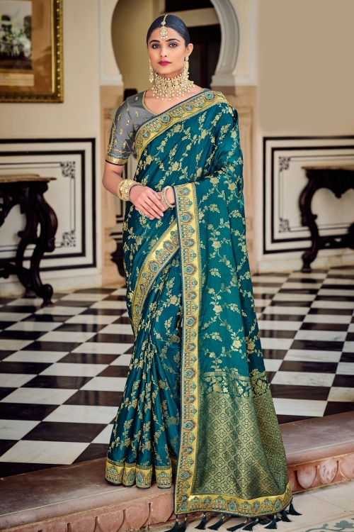 Indian Saree Sari Wedding Party Wear Coral Woven Banarasi Art Silk C1113 