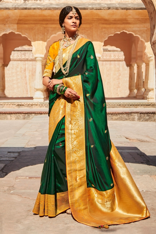 Dark Green Silk Saree with Contrast Border and Pallu