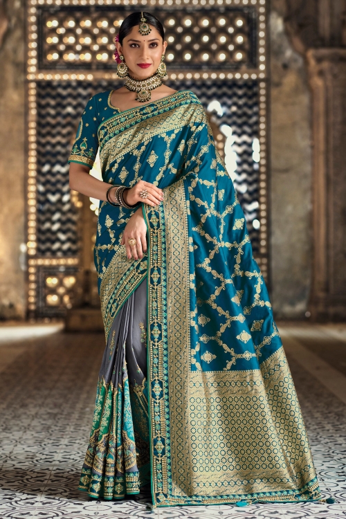 Rama Blue and Grey Silk Traditional Woven Saree