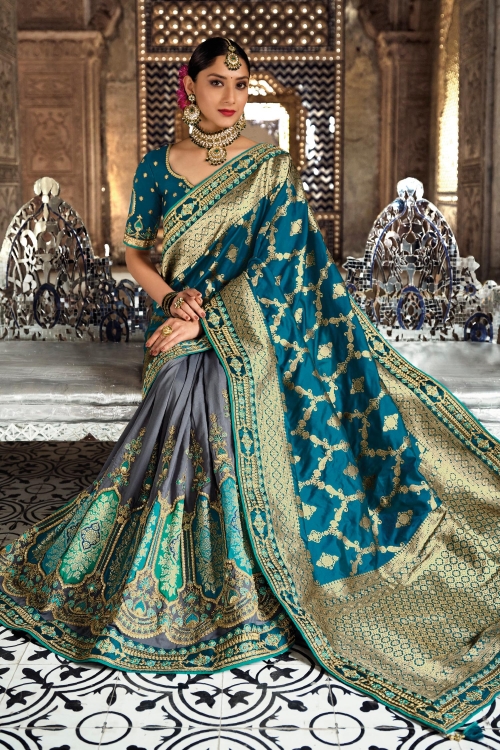 Rama Blue and Grey Silk Traditional Woven Saree