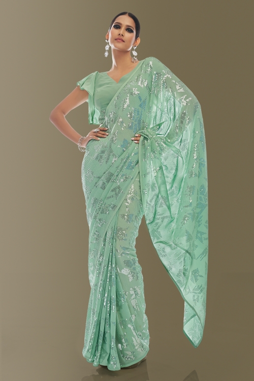 Sea Green Georgette Saree with Sequins Work