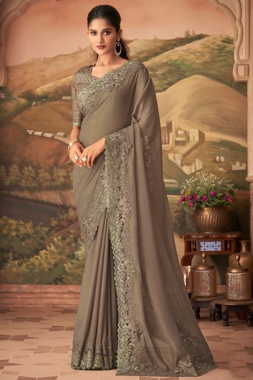 Taupe Georgette Shimmer Saree with Embroidery