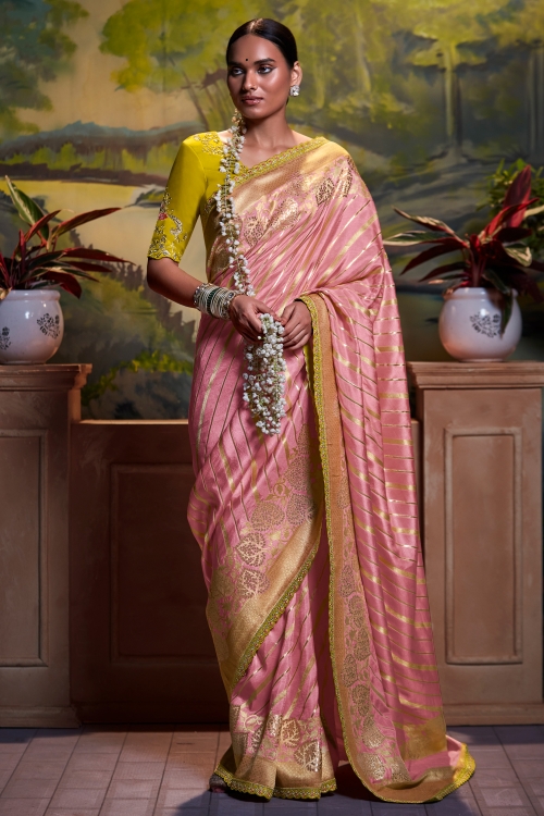 Pink Banarasi Silk Leheriya Woven Saree