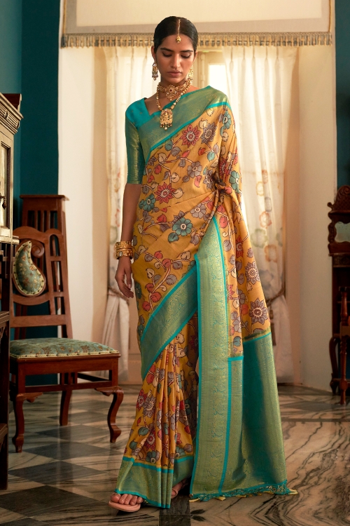 Yellow Tussar Silk Saree with Kalamkari Print