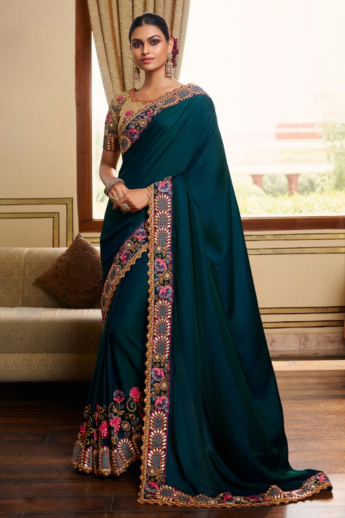 Prussian Blue Saree in Silk with Embroidery