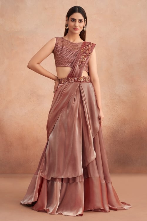 Fancy Layered Lehenga Saree in Organza Silk with Sequinned Blouse and Belt