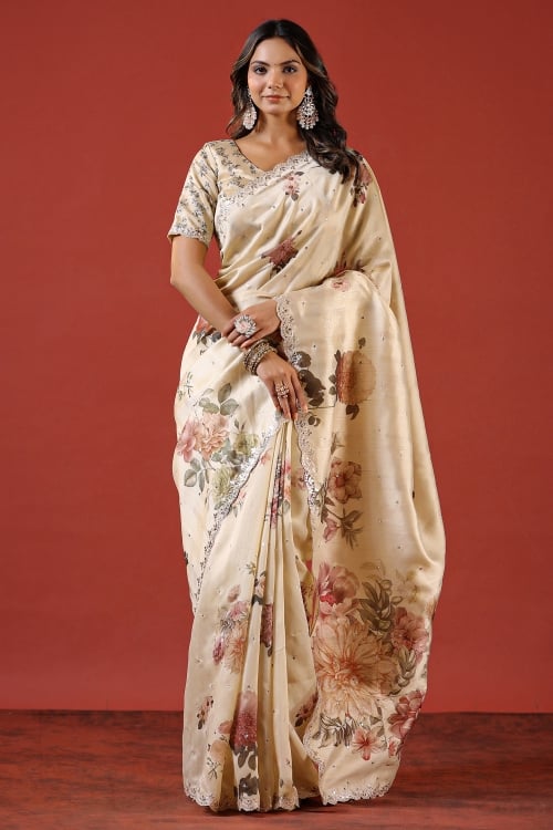 Cream Saree in Tussar Art Silk with Digital Floral Motifs and Gota Patti Border Work