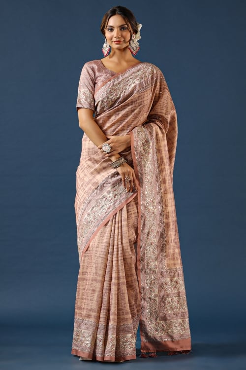 Peach Tussar Art Silk Saree with Embroidery Sequin On The Border
