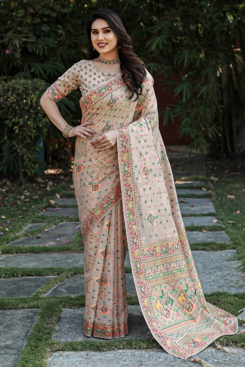 Woven Saree in Pashmina Cotton with Peacock and Elephant Motifs