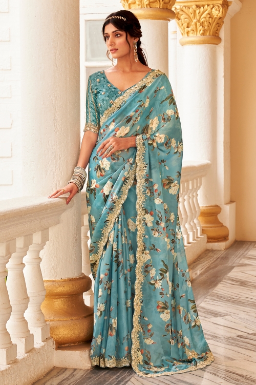 Chiffon Floral Printed Saree with Scallop Embroidery Sequin Border