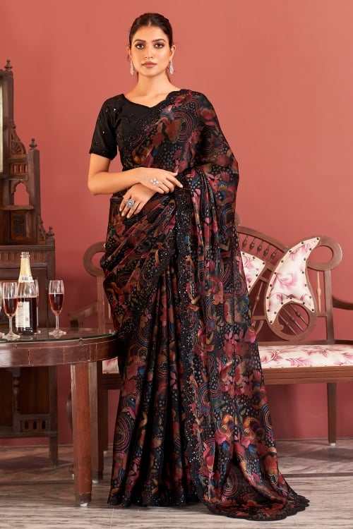 Black Organza All Over Printed Saree with Bird and Floral Motifs