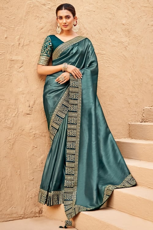 Teal Blue Organza Plain Saree with Embroidered Lace