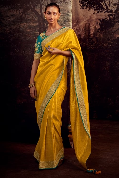 Yellow Woven Saree in Jacquard with Embroidery Lace