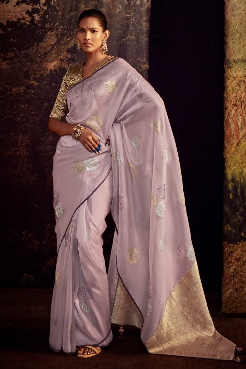 Light Purple Artificial Swarovski Work Butta Saree in Tissue Silk with Woven Pallu
