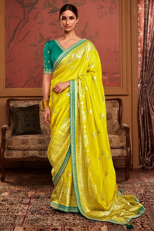 Lime Green Woven Saree in Silk with Contrast Lace
