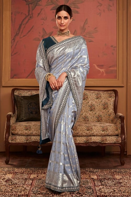 Grey Checks Woven Saree in Silk with Lace