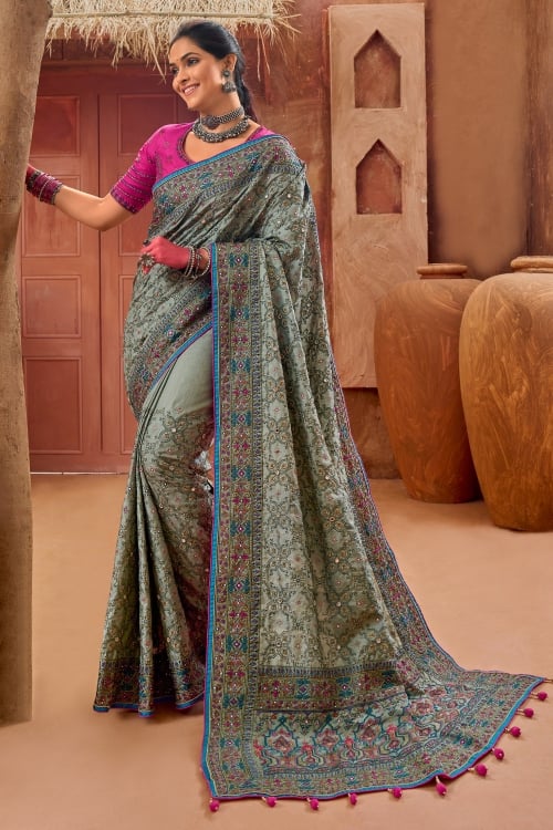Grey All Over Embroidery and Mirror Work Saree in Silk