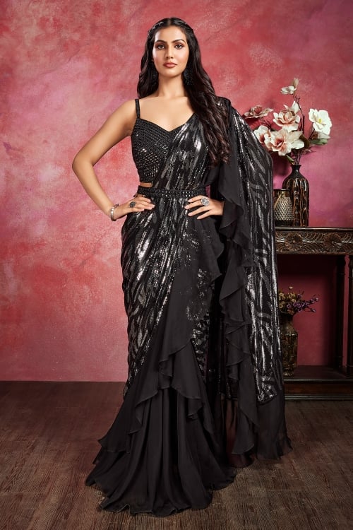 Black Embellished Sequinned Pre Stitched Lehenga Saree in Georgette with Ruffle Border