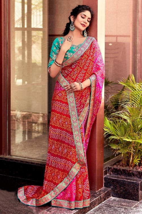 Red and Pink Bandhej Print Chiffon Saree with Lace