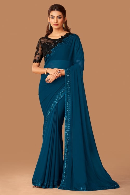 Rama Blue Embroidery Sequins Cutwork Border Saree in Chiffon Georgette