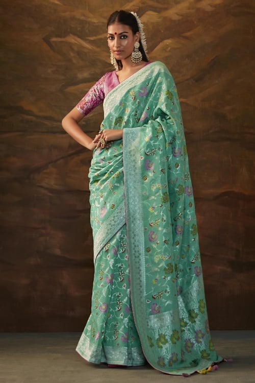 Sea Green Art Silk All Over Floral Woven Jaal Saree