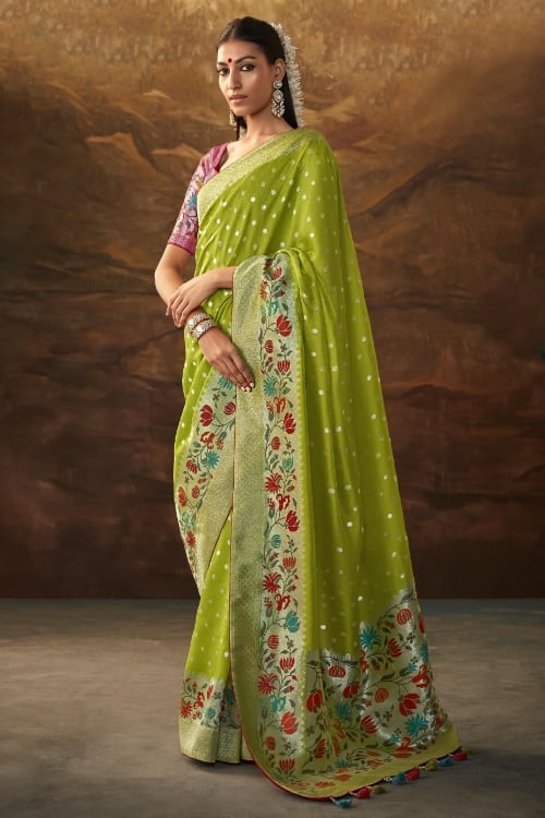 Parrot Green Art Silk Traditional Saree with Floral Woven Border and Pallu