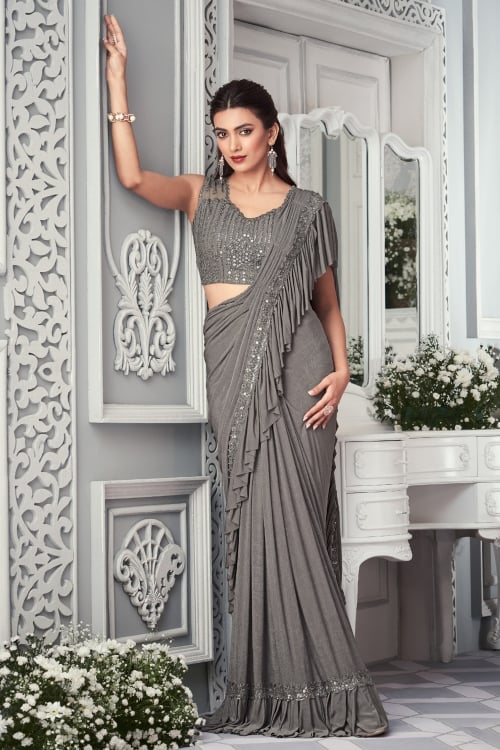 Grey Ready To Wear Saree in Lycra with Ruffle Border