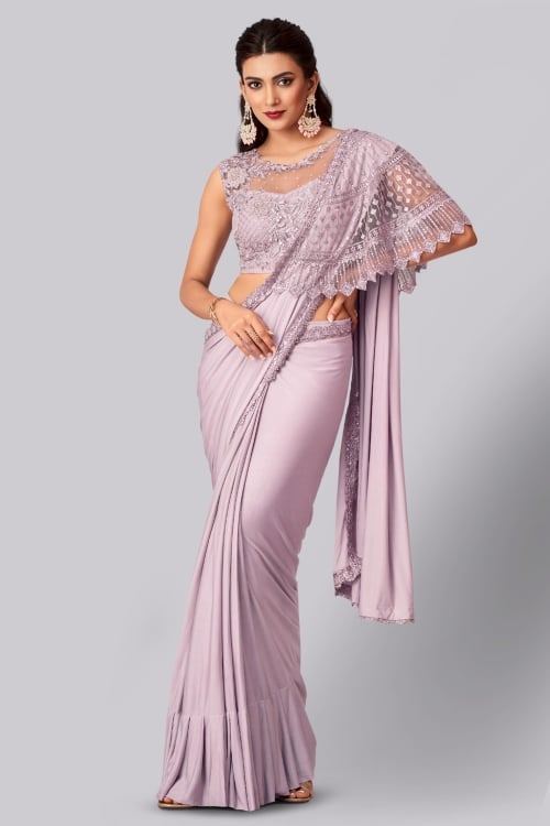 Light Pink Fancy Pre Stitched Saree in Lycra