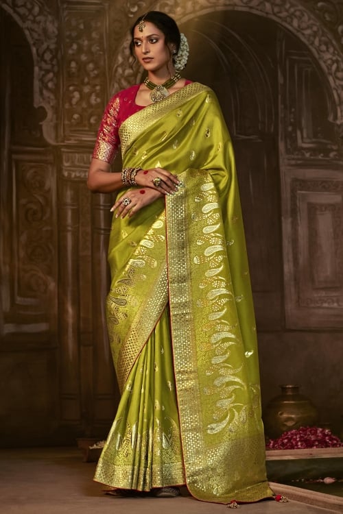 Olive Green Traditional Woven Saree in Silk with Paisley Motifs